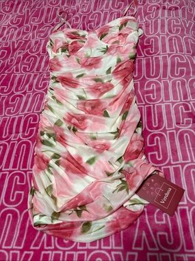 Verdusa Pink Floral Ruched Spaghetti-Strap Mini Dress